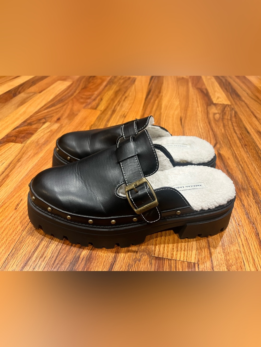 Women American Eagle‎ AE Cozy Lug Clog Black Studded Platform Buckle Mule Size 8